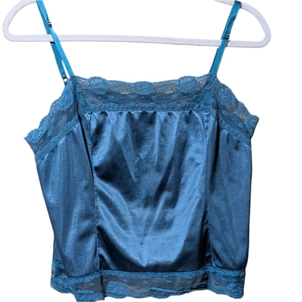 Vintage Warner's teal camisole 38 coquette satin USA paper tag lace adjustable